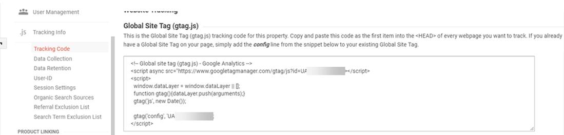 Image of the tracking code in HTML