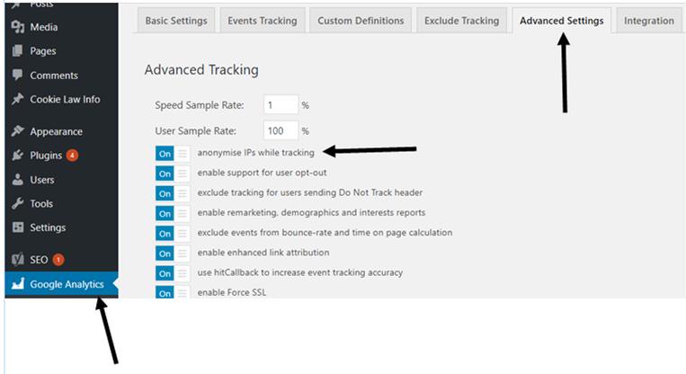 An image of GA's wordpress plugin where the anonymise IP selection can be found