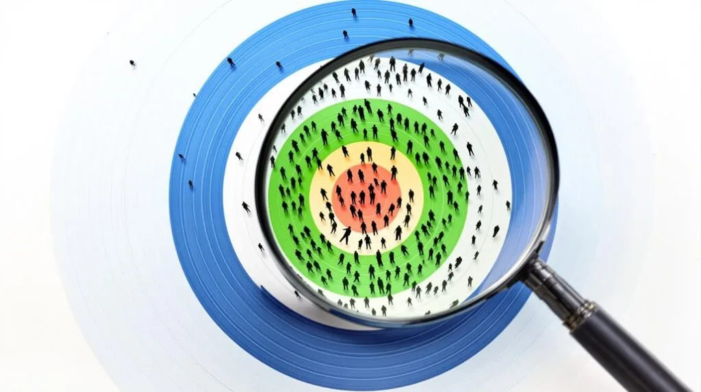 A target under a magnifying glass with people on the target