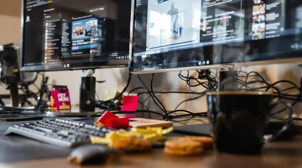 A busy desk with two monitors