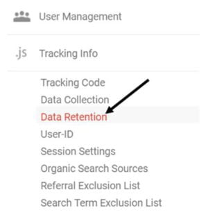Dashboard of Google analytics with arrow pointing to data retention