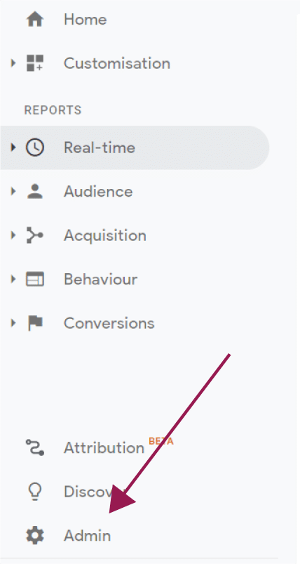 Google Analytics home with arrow pointing to admin section
