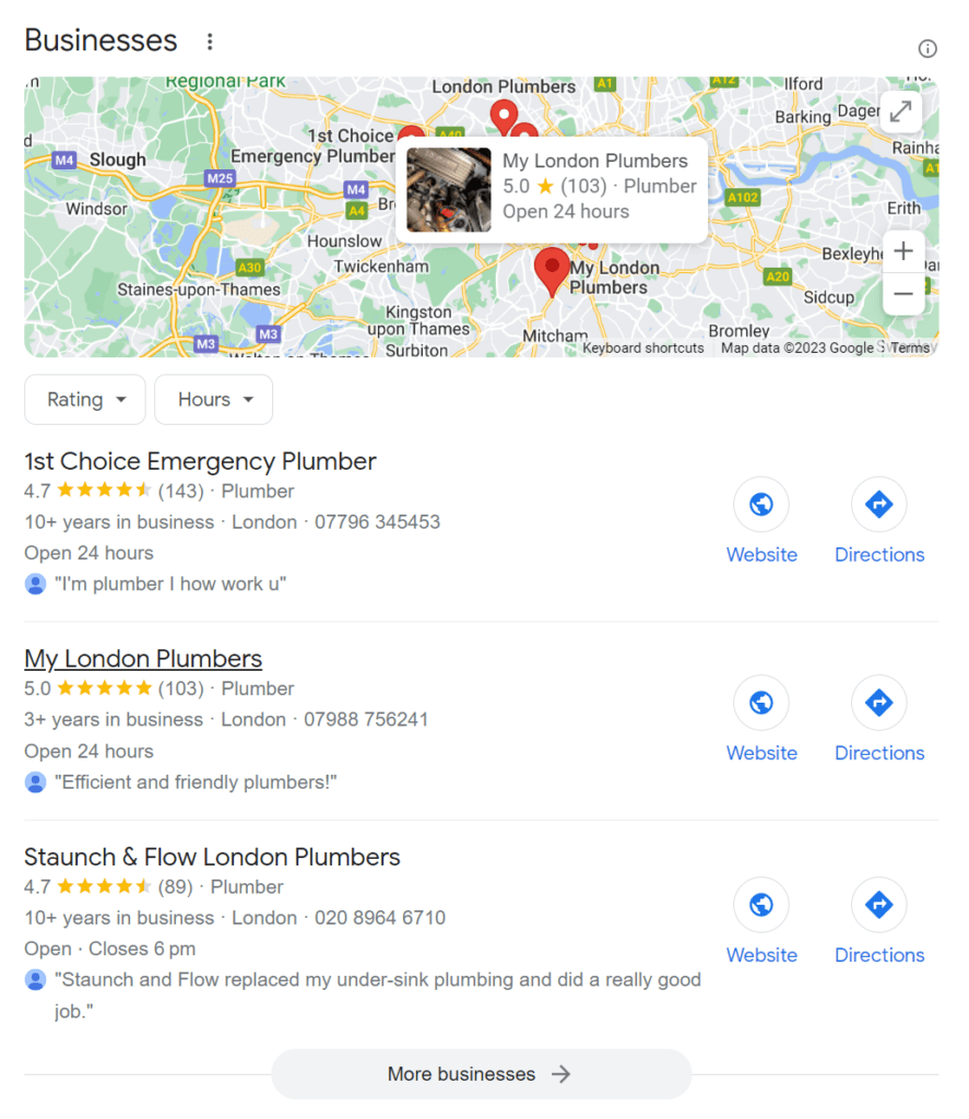 Google Business Profile Search Results for plumbers in London